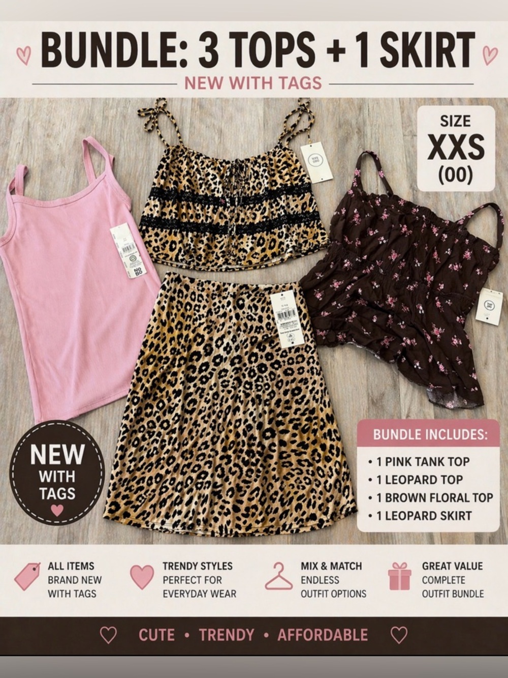 NWT Women’s Clothing Bundle XXS (00) 3 Tops + Skirt Animal Print